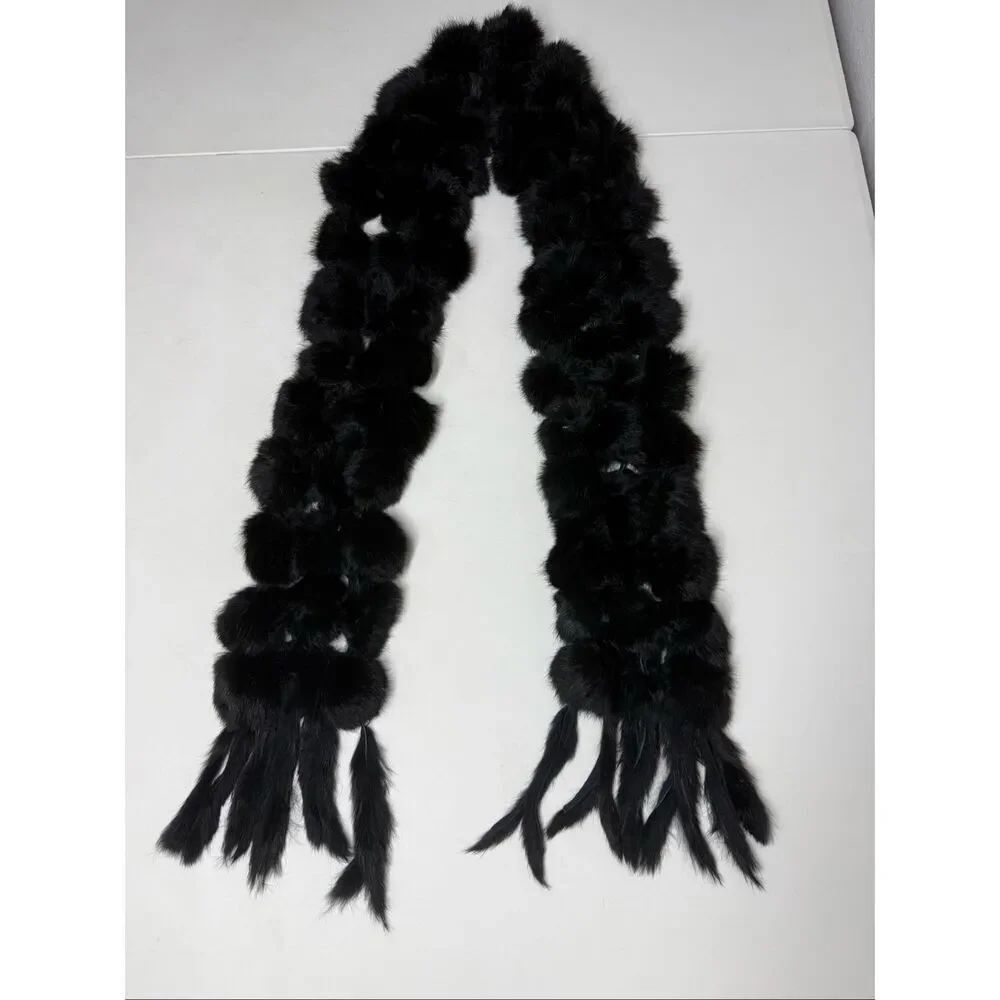 Rare Luxury 100% Genuine Rabbit Fur Black Balls 3 Rows Pompons Scarf 50” x 5"